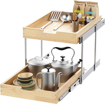 Wood Pull Out Cabinet Organizer 2 Tie 26" W x 21" D, Heavy-Duty Sliding Drawers by SikarouStorageSpecialist