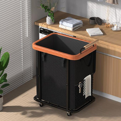 40 Gal Laundry Hamper with Lid, Leather Patchwork Laundry Basket with Rolling by ELOWEN