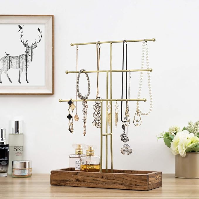MyGift Handmade 3-Tier Brass Metal Jewelry Tree Organizer Stand and Ring Tray - Image 2