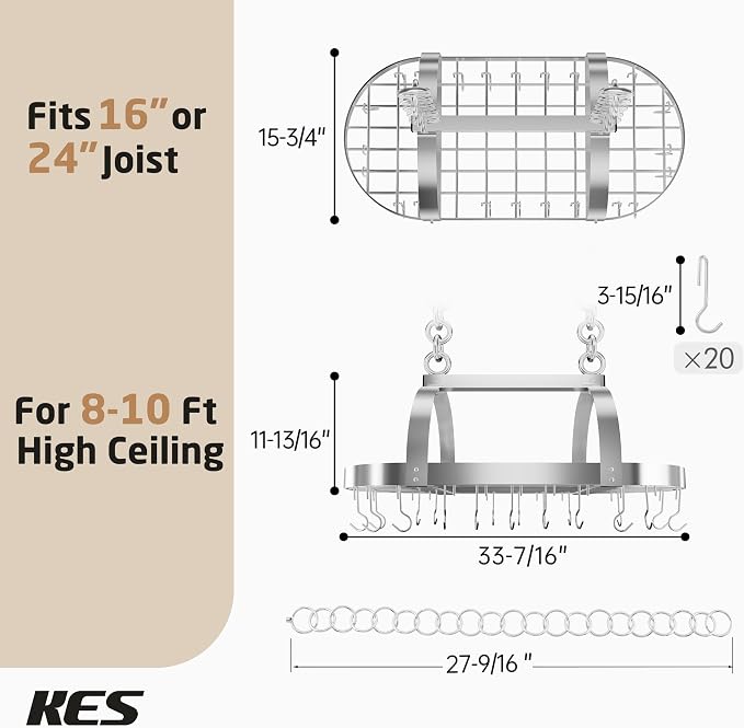 KES 34 Inch Heavy Duty Chrome Hanging Pot Rack Ceiling Mount, Oval Pot and Pan - Image 8