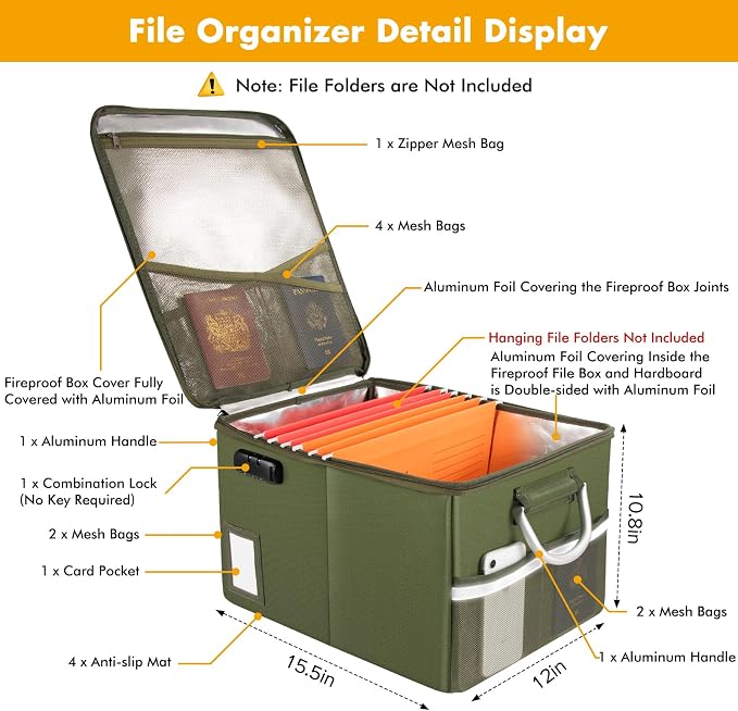 TOMKID 5200°F Fireproof Document Box, Fire Important Document Organizer - Image 3