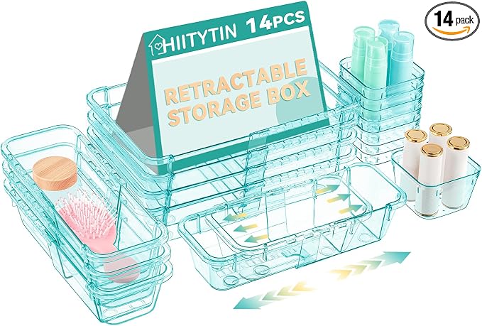 14 Pcs Adjustable Clear Drawer Organizer, Extendable Vanity Storage Bins by Hiitytin