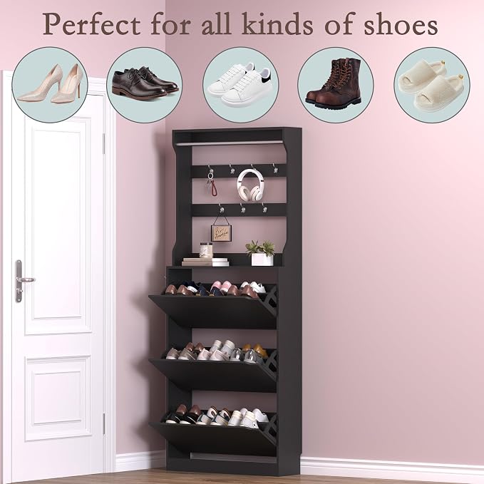 BORNOON Shoe Cabinet with 3 Flip Drawers & Coat Rack, Narrow Hidden Shoe - Image 4