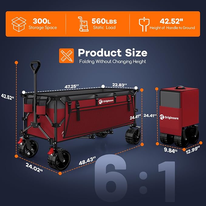 48" L Folding Beach Wagon Cart Foldable, 560lbs Weight Capacity 300L Heavy Duty - Image 2