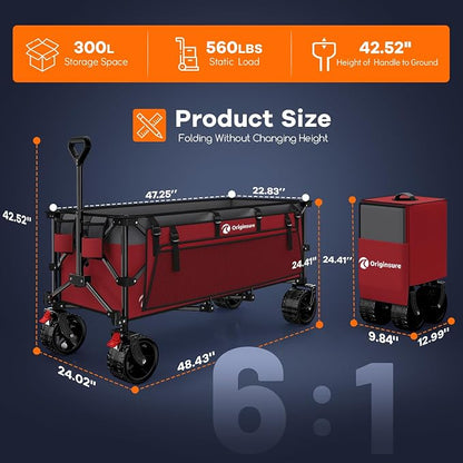 48" L Folding Beach Wagon Cart Foldable, 560lbs Weight Capacity 300L Heavy Duty - Image 2