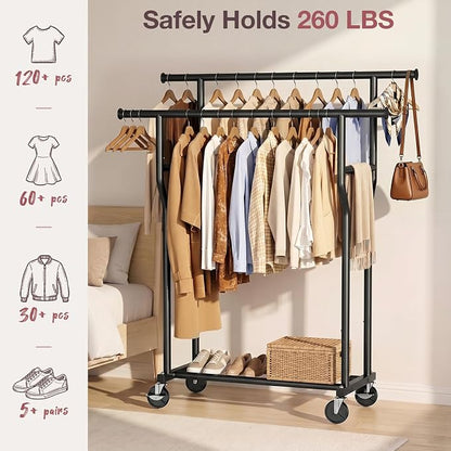 Clothes Rack, Double Rods Rolling Clothing Rack - Image 2