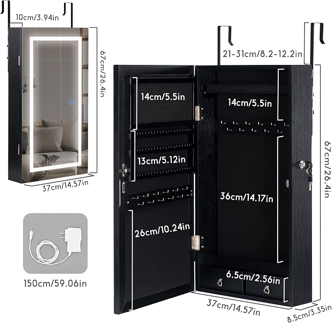 LAVIEVERT Jewelry Armoire with LED Lighted Mirror, Wall/Door Mounted Frameless - Image 6