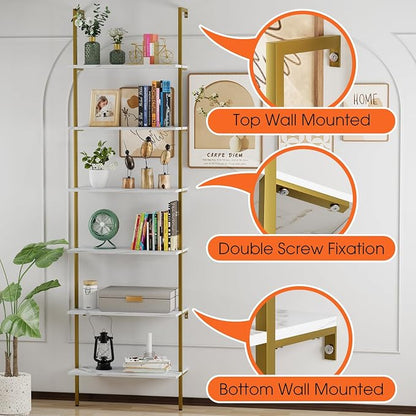 Ladder Shelf 6 Tiers Marble White Modern Bookshelf Open Tall Wall Mount - Image 9