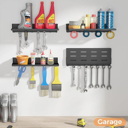 Folding Metal Shelf with Hooks, Wall Mounted Laundry Room Shelf, 8 Hooks & 90° - Image 2