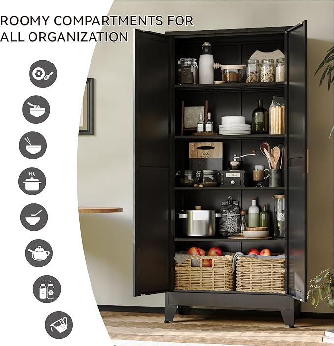 COFaR 71" Modern Pantry Cabinet in Black, 5-Tier Storage Cabinet - Image 4