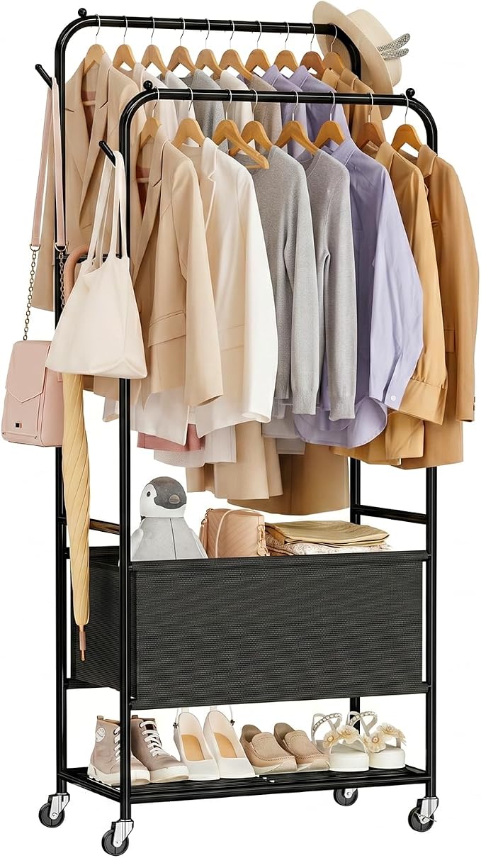 Laundry Cart with Wheels and Hanging Rack, Heavy Duty Rolling Clothes Rack with by MWQ