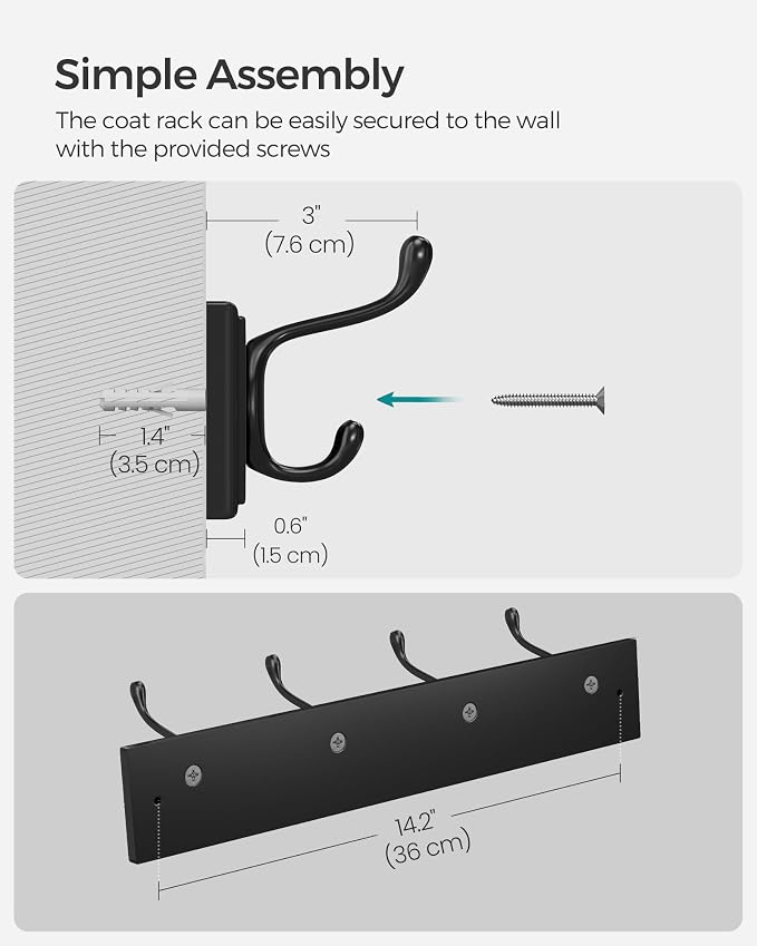 SONGMICS Wall-Mounted Coat Rack, Hook Rack, 4 Dual Metal Hooks, - Image 7