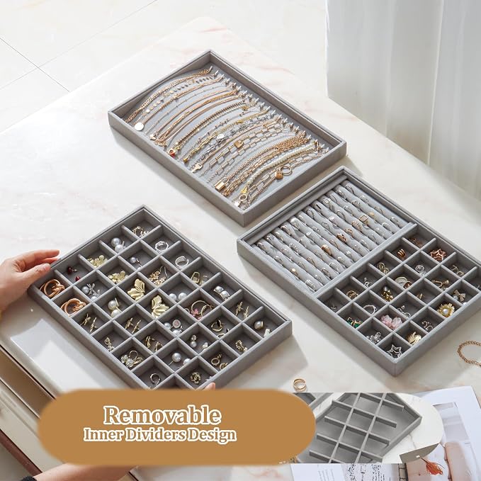 Large Velvet Jewelry Tray 2 Pack Stackable Jewelry Display Drawer Inserts Trays - Image 5