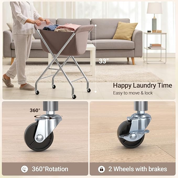 ELYKEN Laundry Basket with Wheels, Collapsible Laundry Hamper, Camel Brown | - Image 7