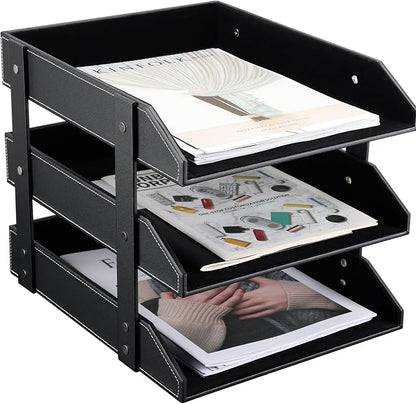 KINGFOM Letter Tray, Leather Paper Organizer Tray, Wooden Desk File Holder - Image 3
