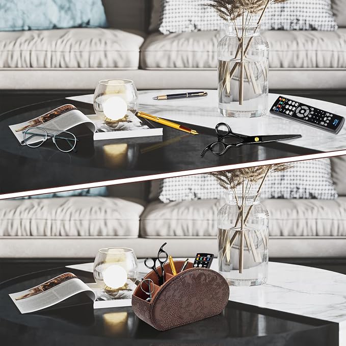 Tv Remote Holder Tray with 5 Compartment, PU Leather Remote Control Holder/Caddy - Image 2