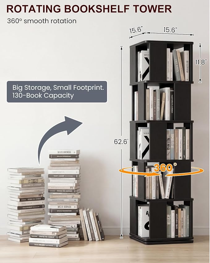 5-Tier Rotating Bookshelf Tower, 360° Square Spinning Book Shelf | Floor - Image 2