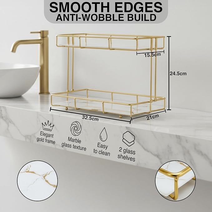 2-Tier White Marble Bathroom Countertop Organizer – Glass Shelves & Gold Metal - Image 2