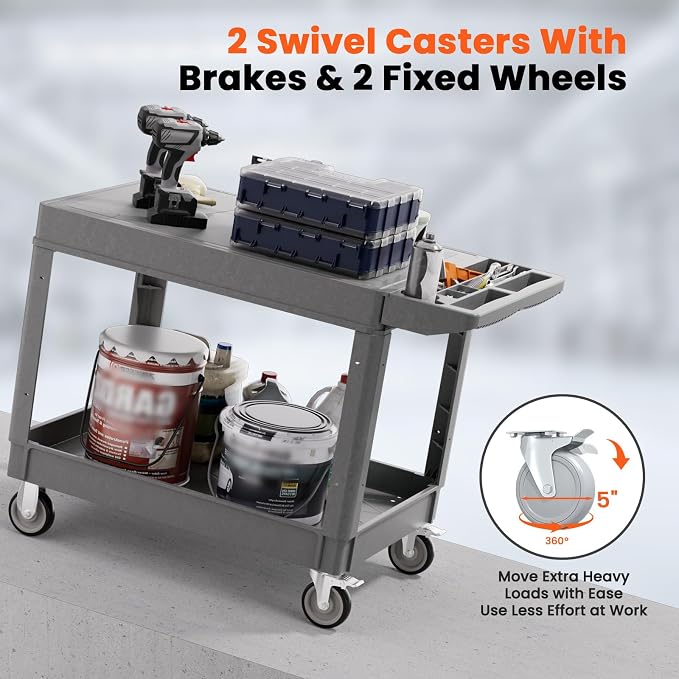 2 Tier Plastic Rolling Utility Cart on Wheels, Heavy Duty Tool Cart - Image 6