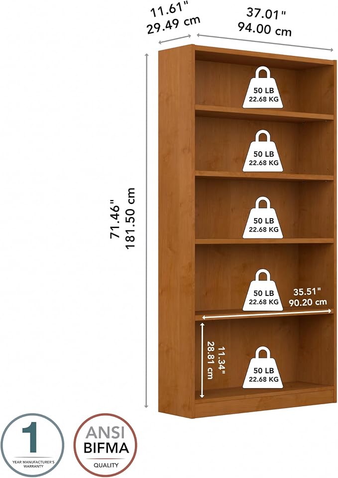 Bush Furniture Universal Tall 5 Shelf Bookcase in Natural Cherry, Vertical - Image 3