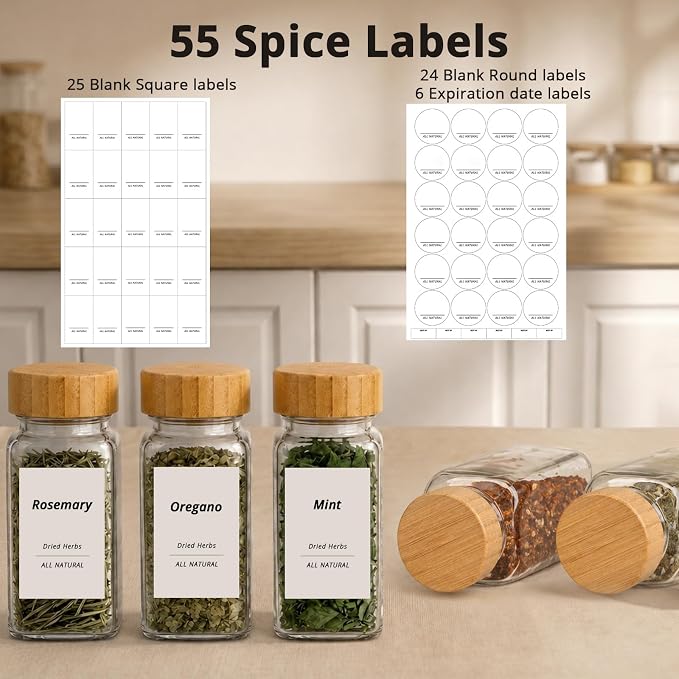 SHOWIN Spice Jars with Label, 8oz Spice Containers with Bamboo Lids 6pcs - Image 3