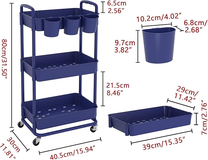JIUYOTREE 3-Tier Plastic Rolling Storage Cart Utility Cart - Image 2