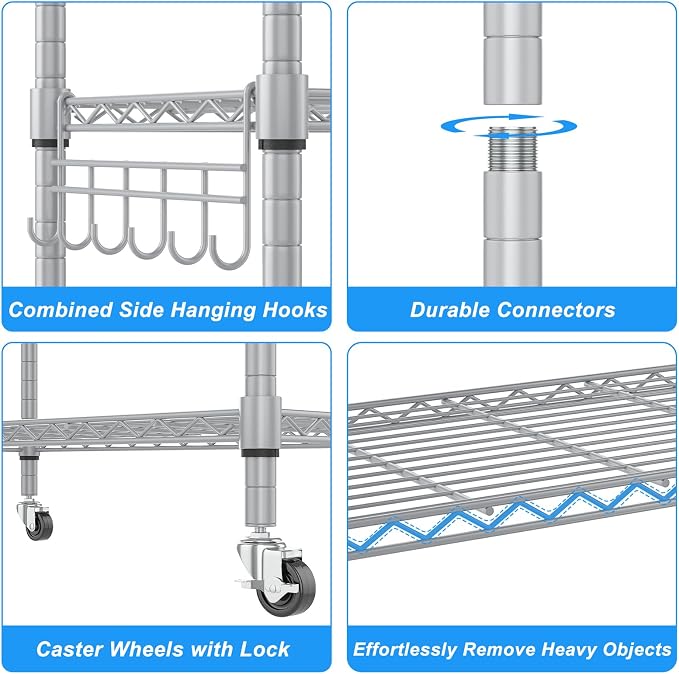 Homdox 5 Tier Adjustable Rolling Storage Shelves, Heavy Duty Wire Racks and - Image 8