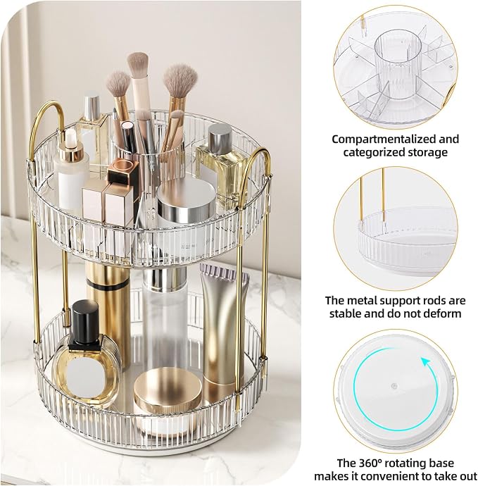 360° Rotating Makeup Organizer, Large-Capacity Skincare Make Up Storage 2 Tier - Image 4