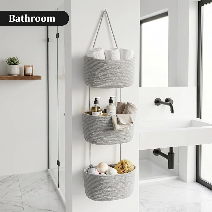 TeoKJ Over the Door Hanging Basket, 3-Tier Woven Cotton Wall-Mounted Storage - Image 7