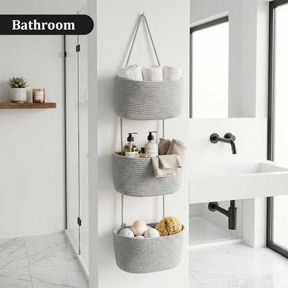 TeoKJ Over the Door Hanging Basket, 3-Tier Woven Cotton Wall-Mounted Storage - Image 7
