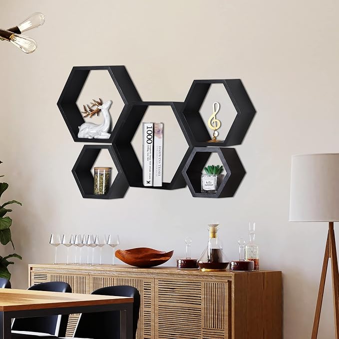 Hexagon Shelves, Floating Wall Shelf, Honeycomb Octagon Cube Shelves Wood | - Image 4