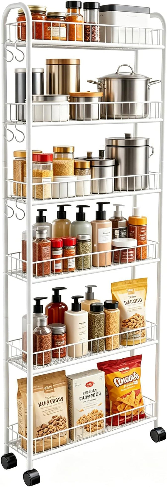 Slim Rolling Storage Cart with Wheels, 6in 6 Tier White | Narrow Space Shelving by Seadasyoon