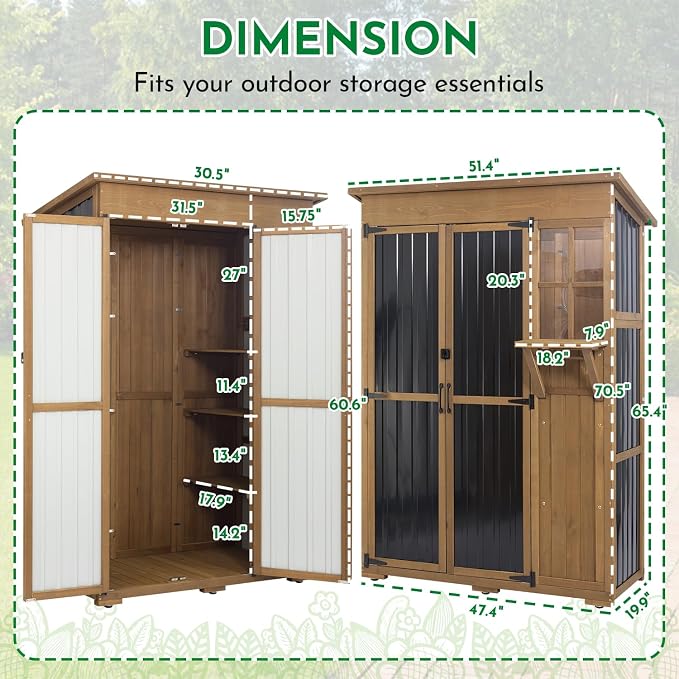 Ketive Outdoor Storage Cabinet, Large Wood & Metal Garden Shed - Image 2