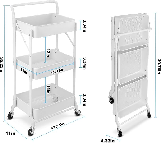 Foldable 3 Tier Metal Utility Rolling Cart, Folding Mobile Multi-Function - Image 5