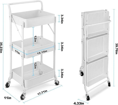 Foldable 3 Tier Metal Utility Rolling Cart, Folding Mobile Multi-Function - Image 5