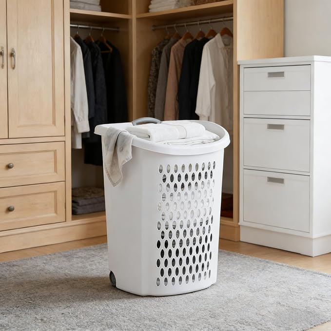 White Lalaundry Basket with Wheels and Lid, Portable Laundry Basket, Durable - Image 5
