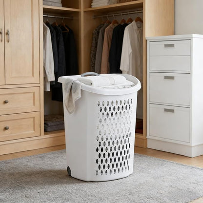 White Lalaundry Basket with Wheels and Lid, Portable Laundry Basket, Durable - Image 5