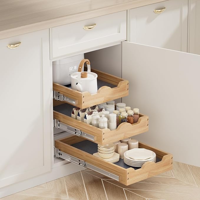 DINDON 3 Tier Pull Out Cabinet Organizer 11” W X21” D Slide Out Wood Drawer - Image 4