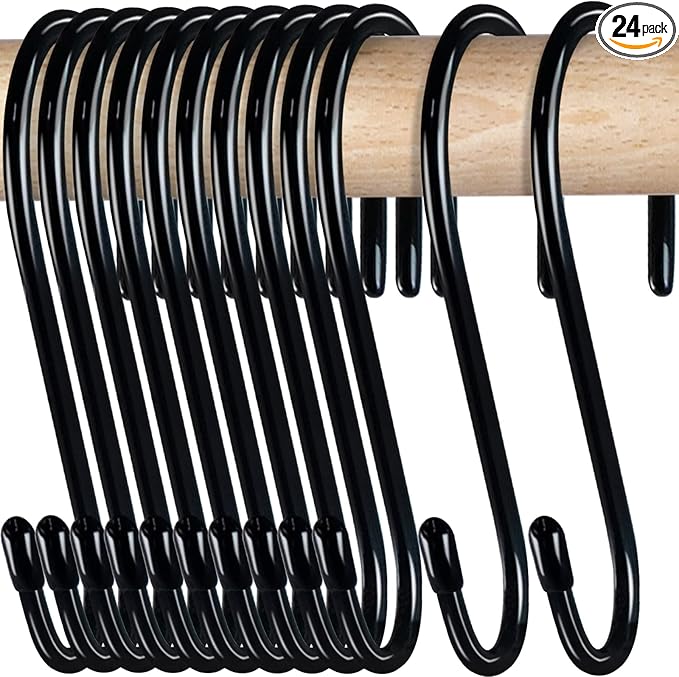 HiGift 24 Pack S Hooks for Hanging, 4-1/2 inch Large Black Vinyl Coated Metal S by HiGift