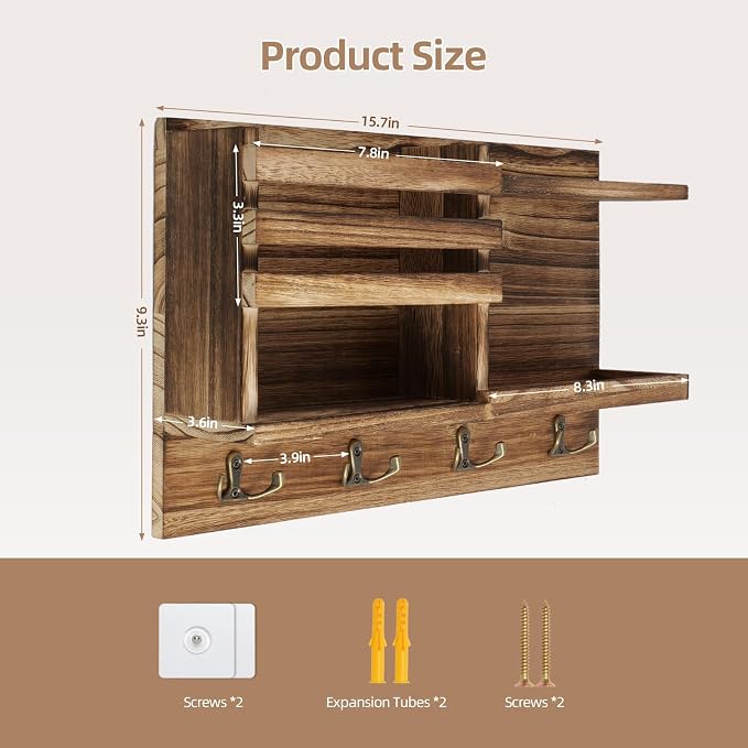 Key Holder Wall Mount, Solid Wood Key and Mail Organizer - Image 3