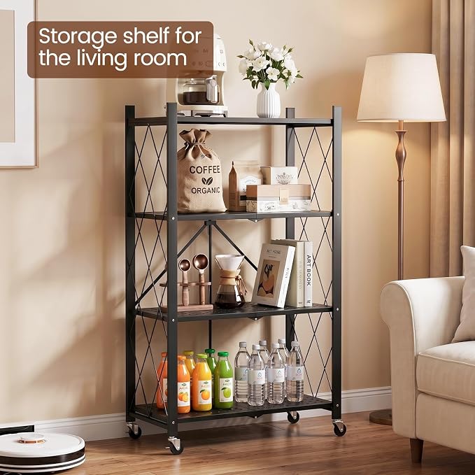 ALANNG 4 Tier Folding Storage Shelf on Wheels, Heavy Duty Metal Rolling Cart | - Image 5