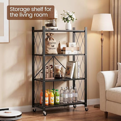 ALANNG 4 Tier Folding Storage Shelf on Wheels, Heavy Duty Metal Rolling Cart | - Image 5