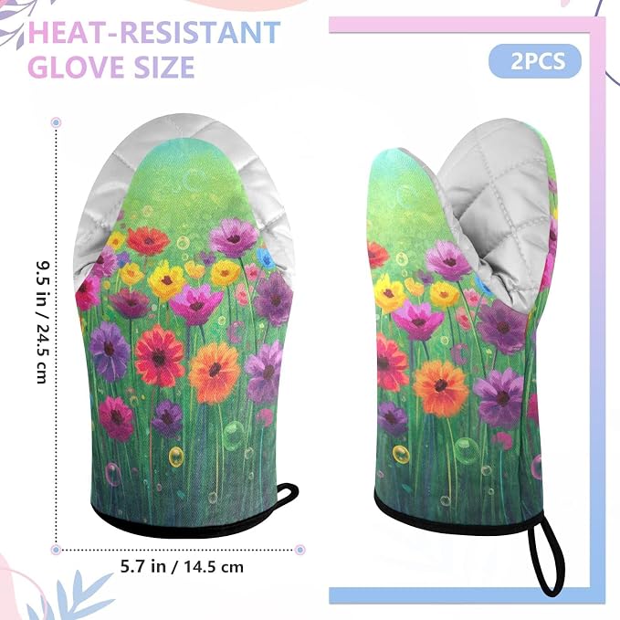 Heat Resistant Oven Mitts, Floral Flowers Spring Color Plants Kitchen Gloves - Image 3