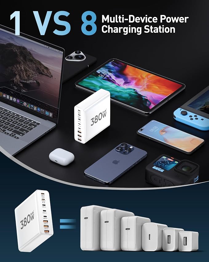 380W USB C Charger Block with 4 USB Cables Dual 100W Charging Station | 8-Port - Image 5