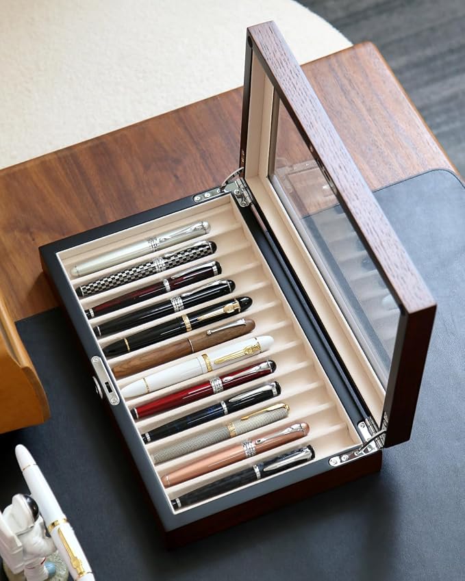 Wooden Pen Display Case – 12 Slot Lockable Fountain Pen Storage Box, Gift - Image 7