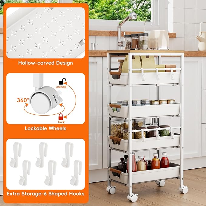 5-Tier Slim Storage Cart, Wooden Top Rolling Kitchen Cart - Image 6