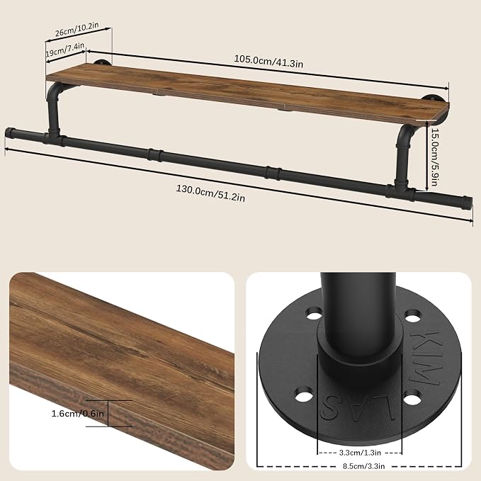 Wooden, Space Saver Wall Mounted Garment Rack, Heavy Duty Iron Industrial Pipe - Image 3