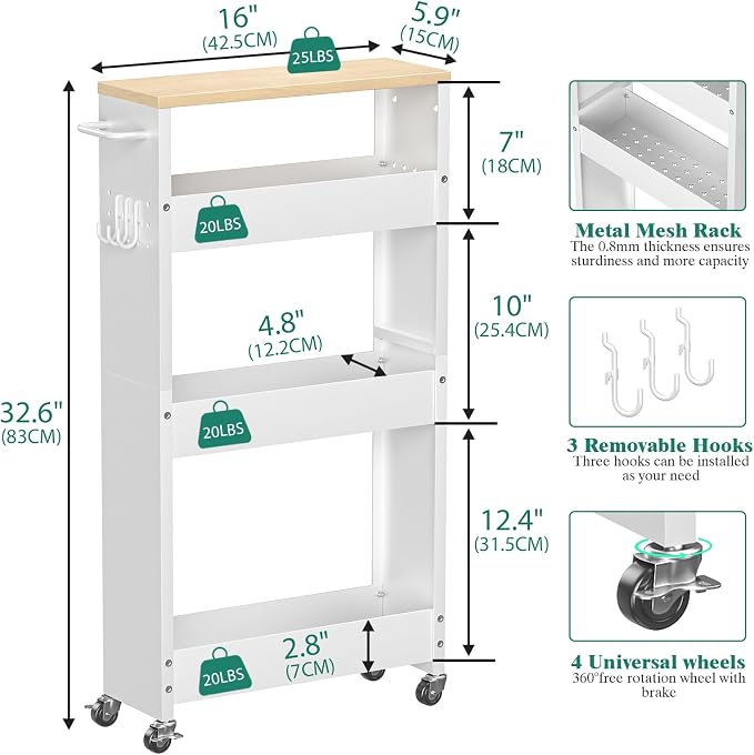 Slim Storage Cart, 4-Tier Kitchen Rolling Cart Narrow Storage Cabinet - Image 4
