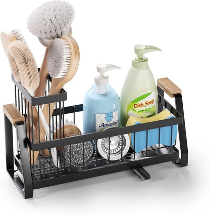 Sink Caddy Organizer with Wooden Handle & Self-Draining Tray, Trapezoid Kitchen by Silub