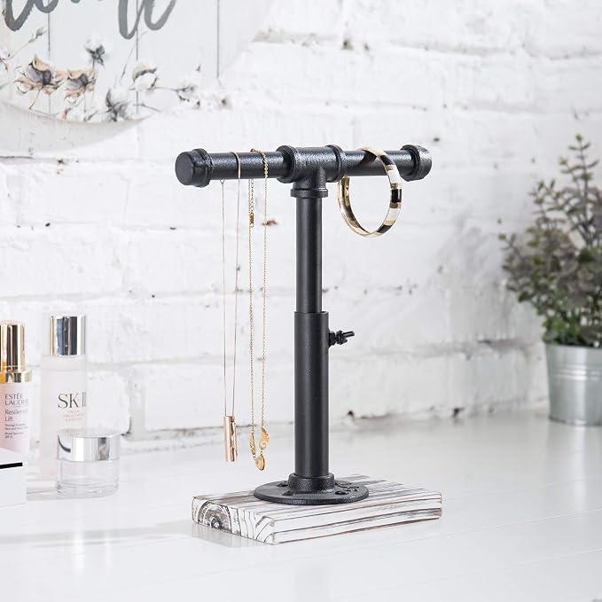 MyGift Industrial Pipe Black Metal T-Bar Adjustable Height Jewelry, Bracelet & by MyGiftHome
